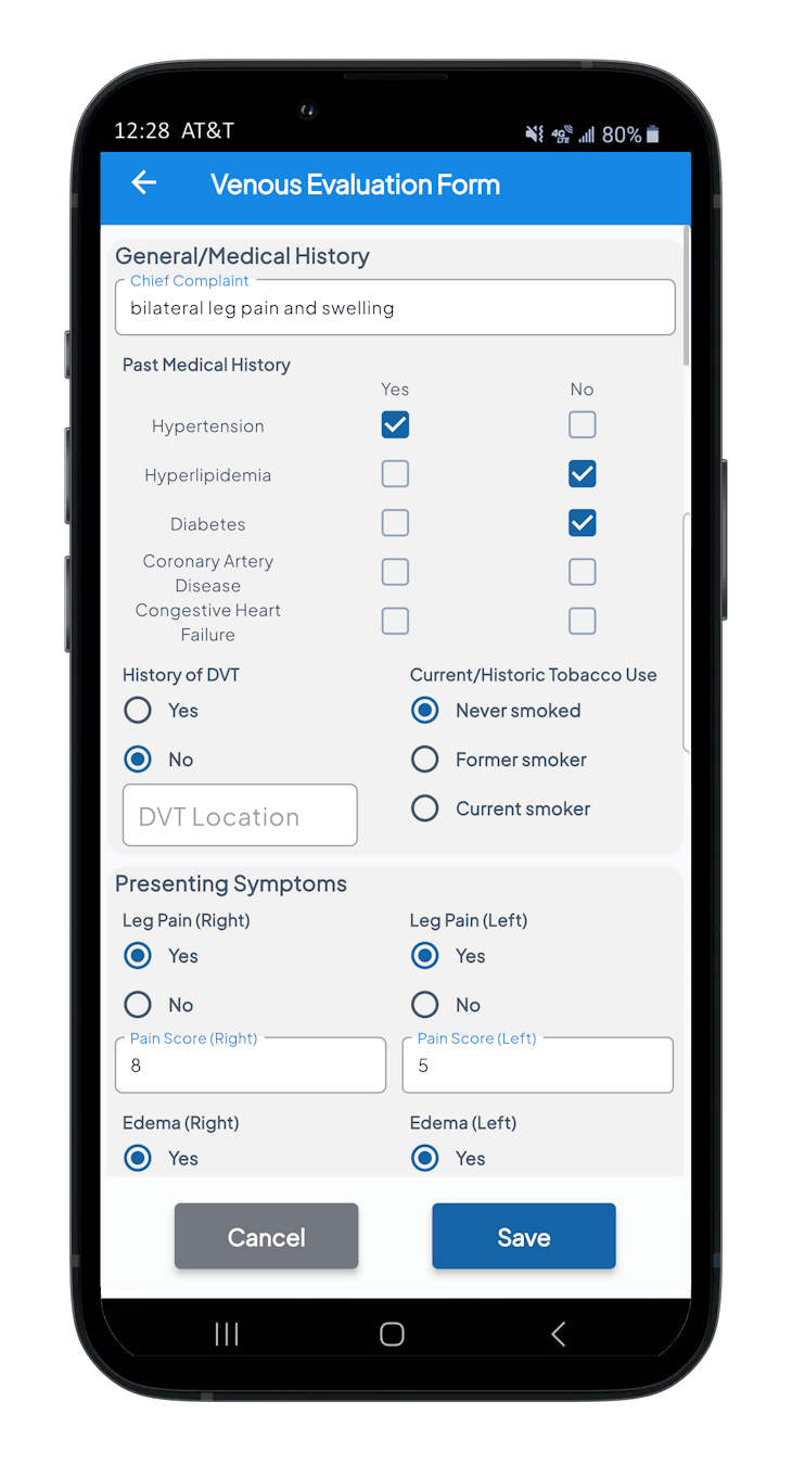 Medmio custom patient intake form on mobile &mdash; venous evaluation with past medical history, DVT history, tobacco use, and presenting symptoms captured digitally
